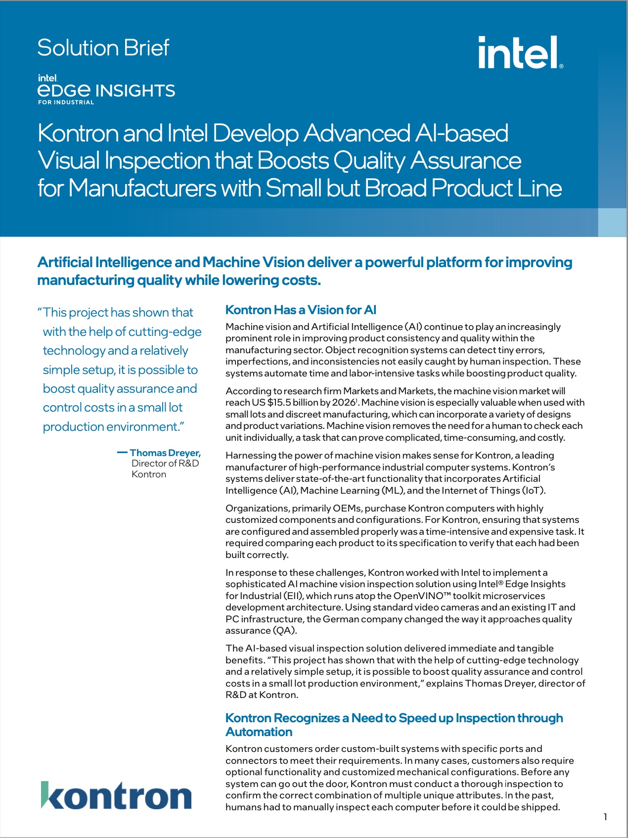 Kontron and Intel Develop Advanced AI-based Visual Inspection that Boosts Quality Assurance for Manufacturers with Small but Broad Product Line